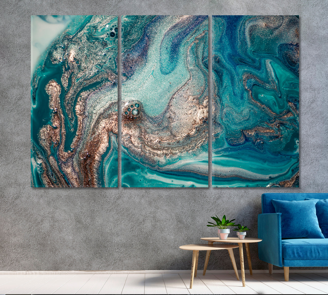 Marble Blue Lagoon Fluid Art, Oriental Marbling Canvas Print Artesty 3 panels 36" x 24" 