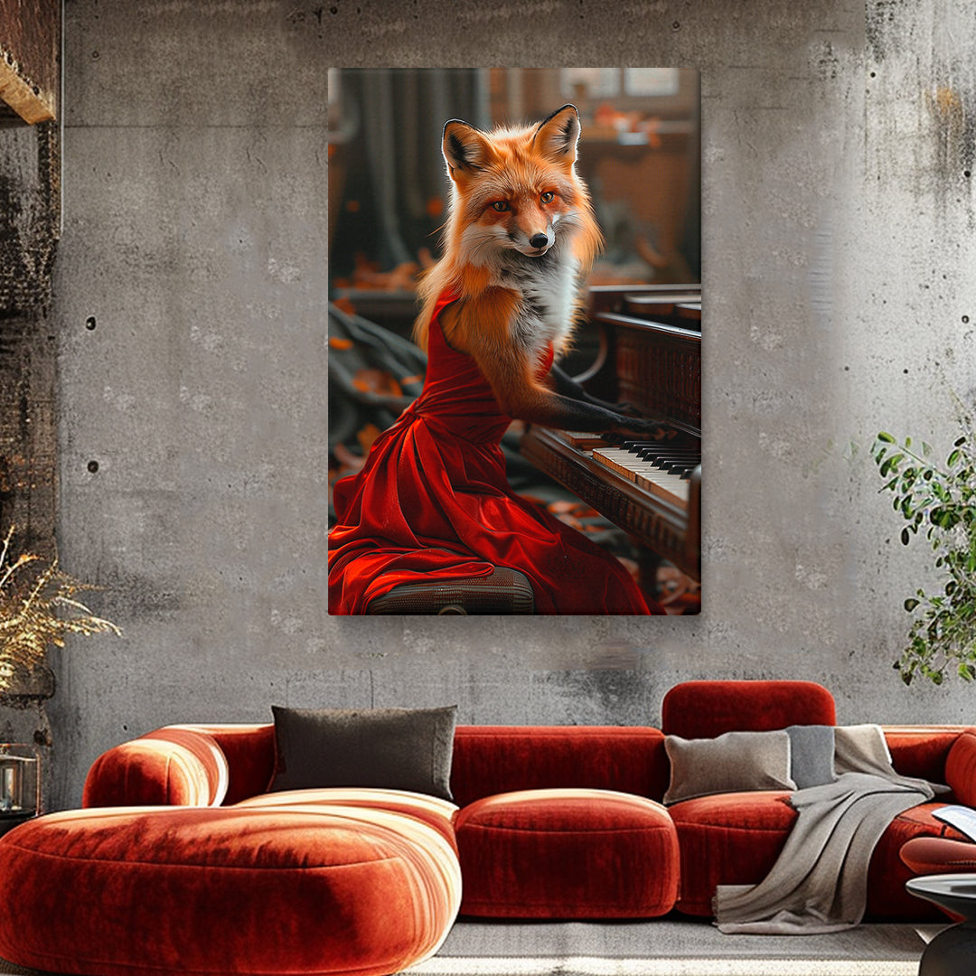 Pianist Fox in Red Dress Canvas Prints Artesty