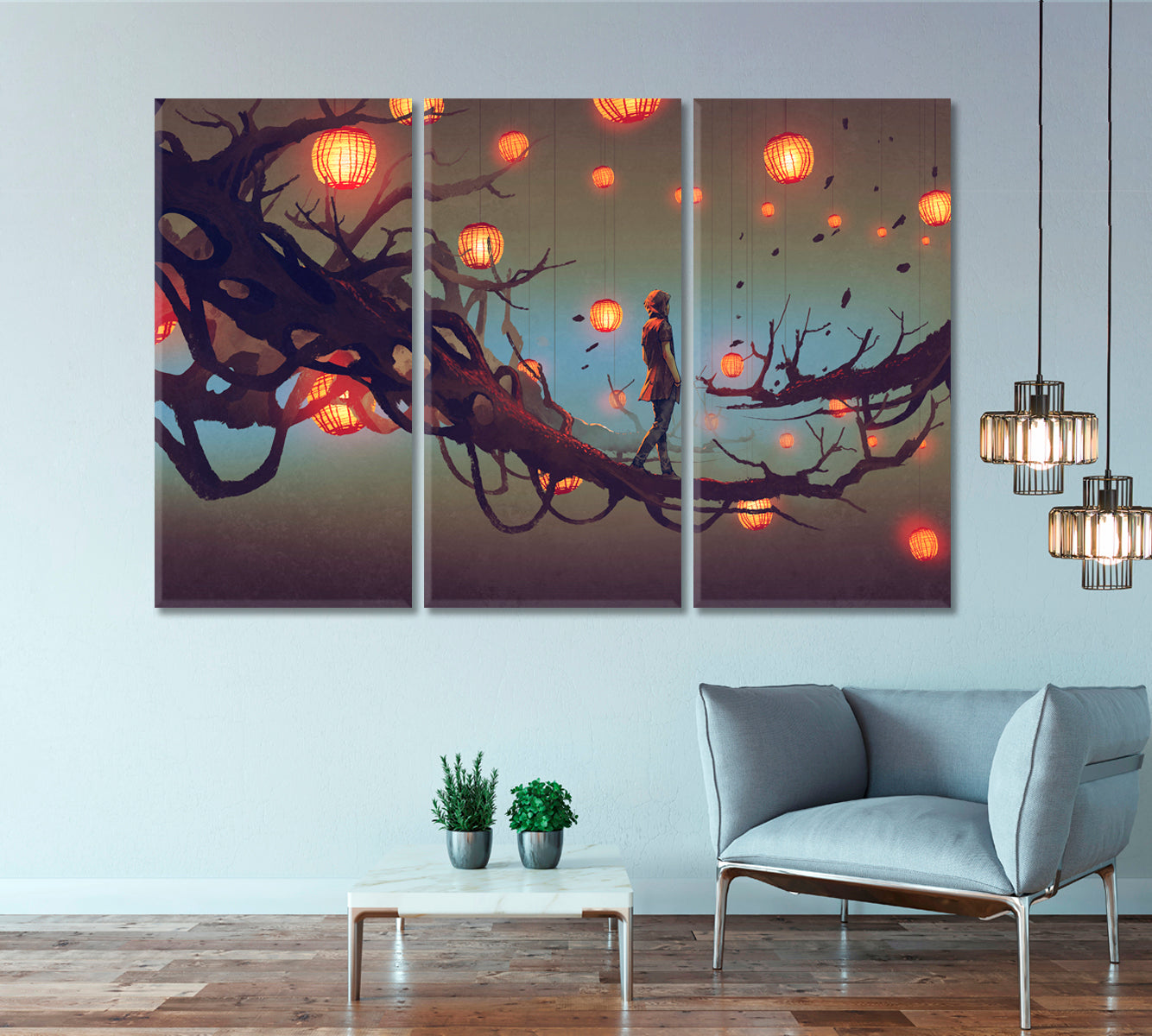 Surreal Night Mystery Tree Contemporary Art Artesty 3 panels 36" x 24" 