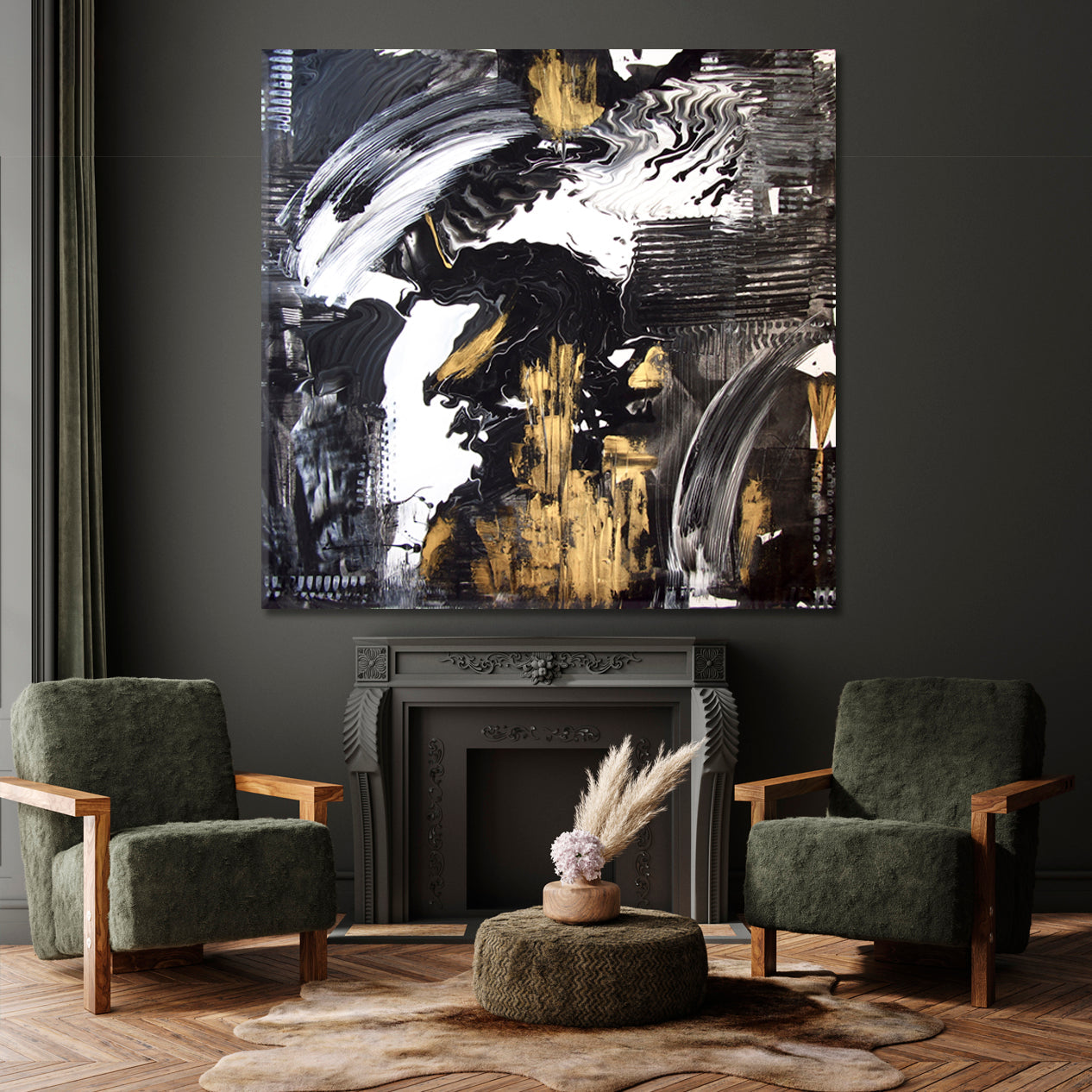 GRUNGE Black and White with Gold Effect Abstract Art Print Artesty   