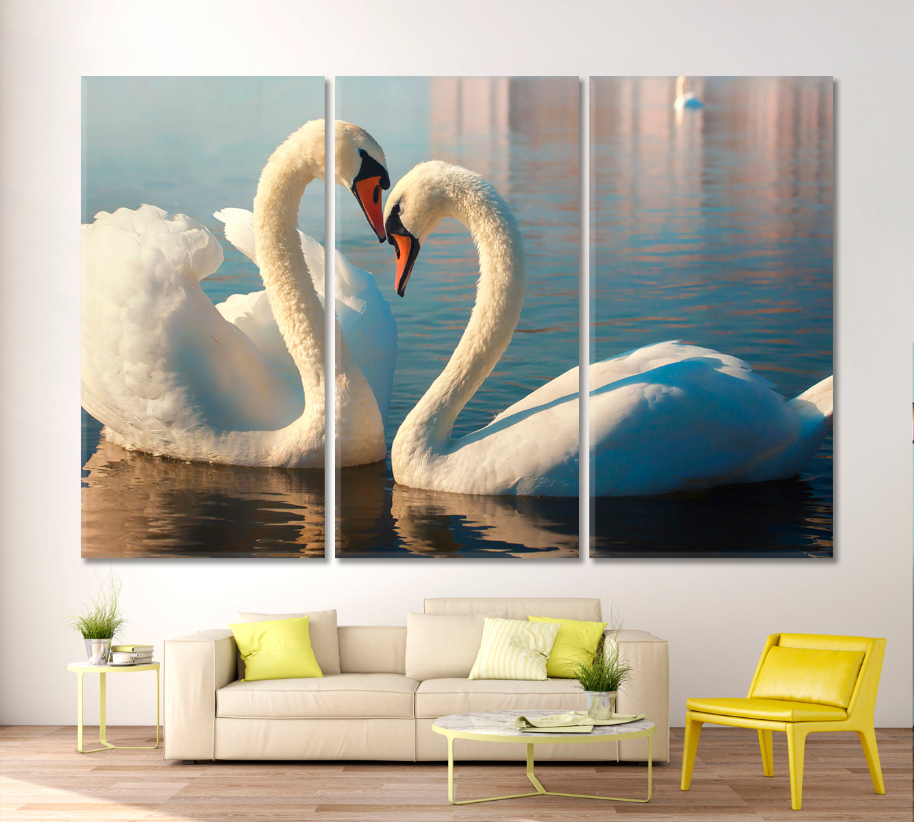 Heart Of Two White Swans Animals Canvas Print Artesty 3 panels 36" x 24" 