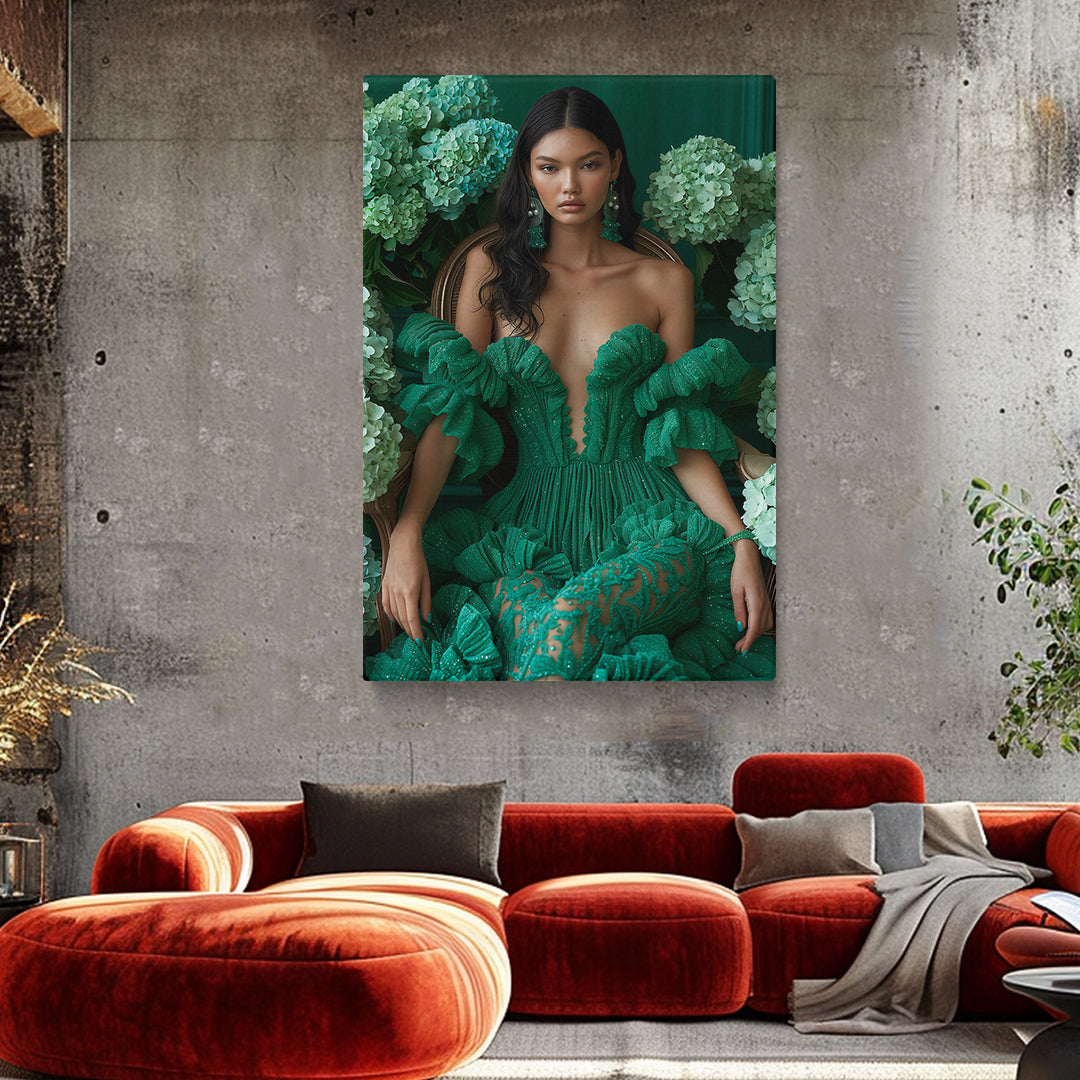 Floral Portrait Beautiful Woman in Green Dress Canvas Prints Artesty