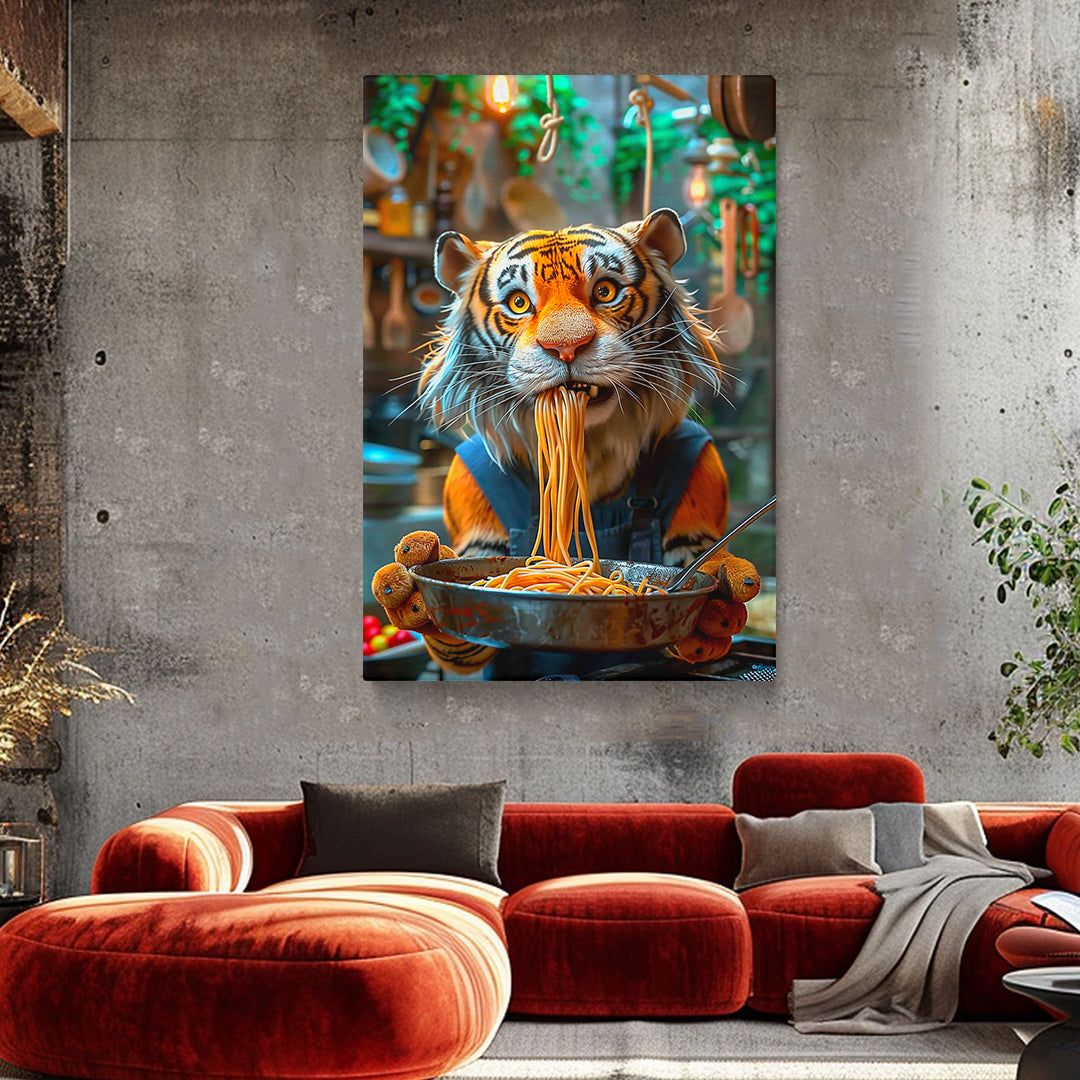 Funny Tiger Chef Eating Spaghetti Canvas Prints Artesty