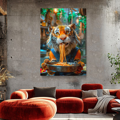 Funny Tiger Chef Eating Spaghetti Canvas Prints Artesty