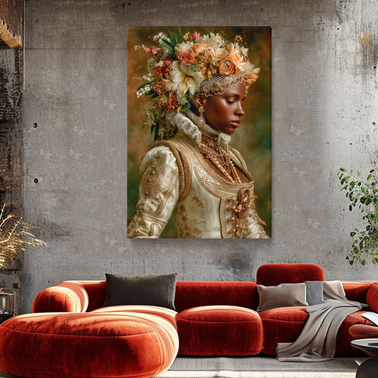 African woman in vintage gold dress with floral crown