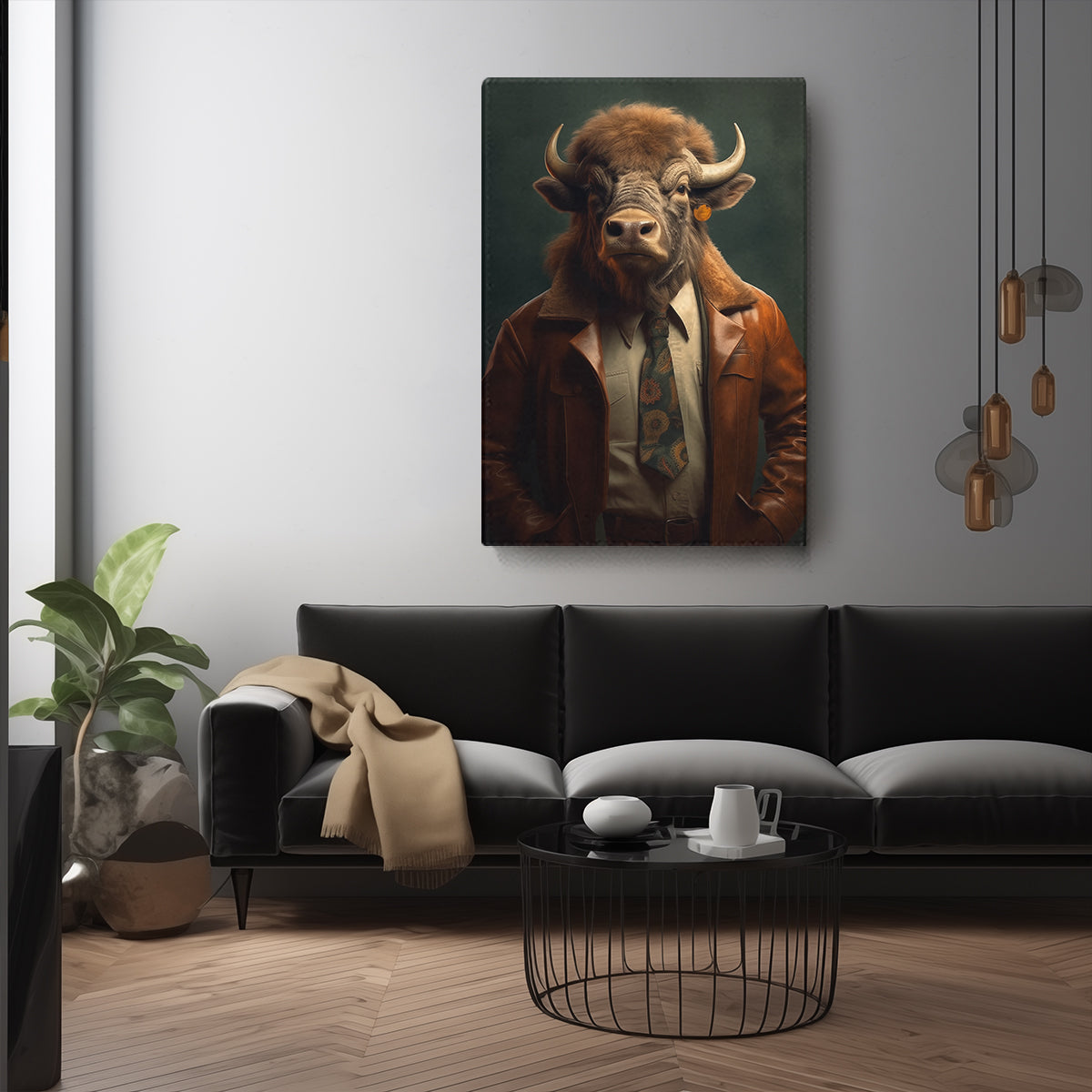 Cool Bull in Brown Leather Jacket Canvas Prints Artesty