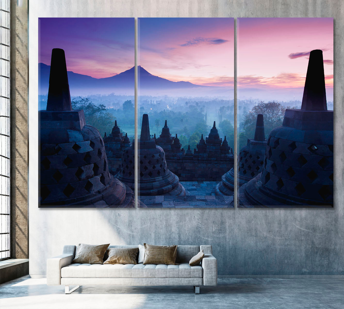 Ancient Buddhist Borobudur Temple Stupas Religious Modern Art Artesty 3 panels 36" x 24" 