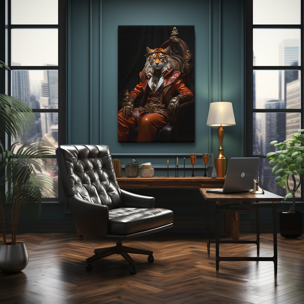 Tiger in Fashionable Ensemble, Chic Animal Elegance Wall Art Abstract Art Print Artesty 1 Panel 16"x24" 
