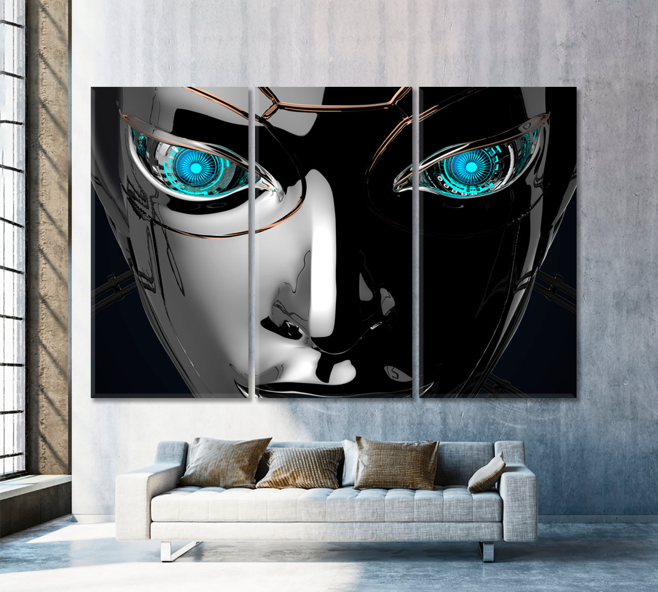 CYBER WORLD Female Bot Face Robot Futuristic Cyber Technology Poster Business Concept Wall Art Artesty 3 panels 36" x 24" 