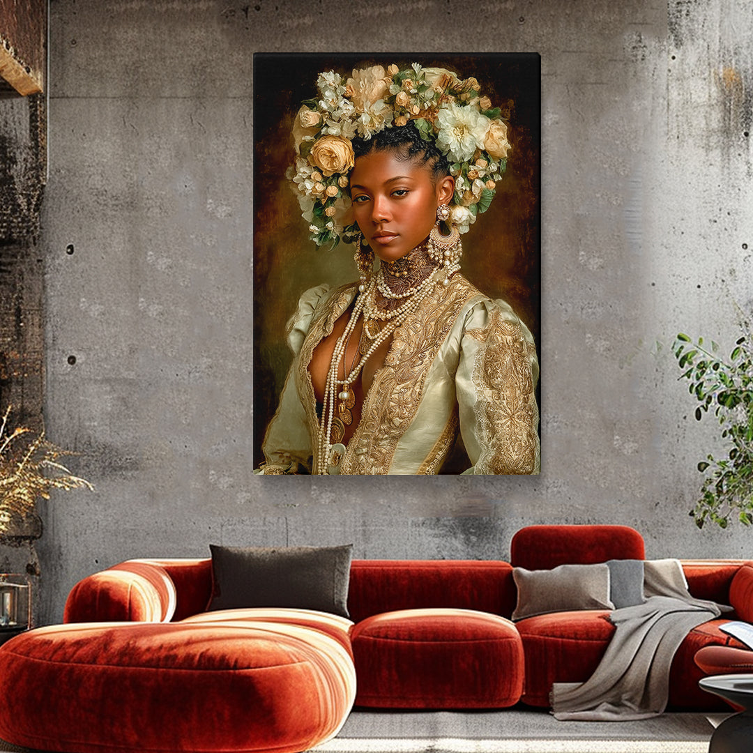 African Noblewoman Canvas Print with Floral Crown