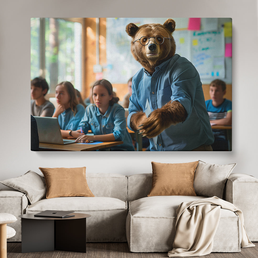 Bear Teacher in Classroom Animals Canvas Print Artesty