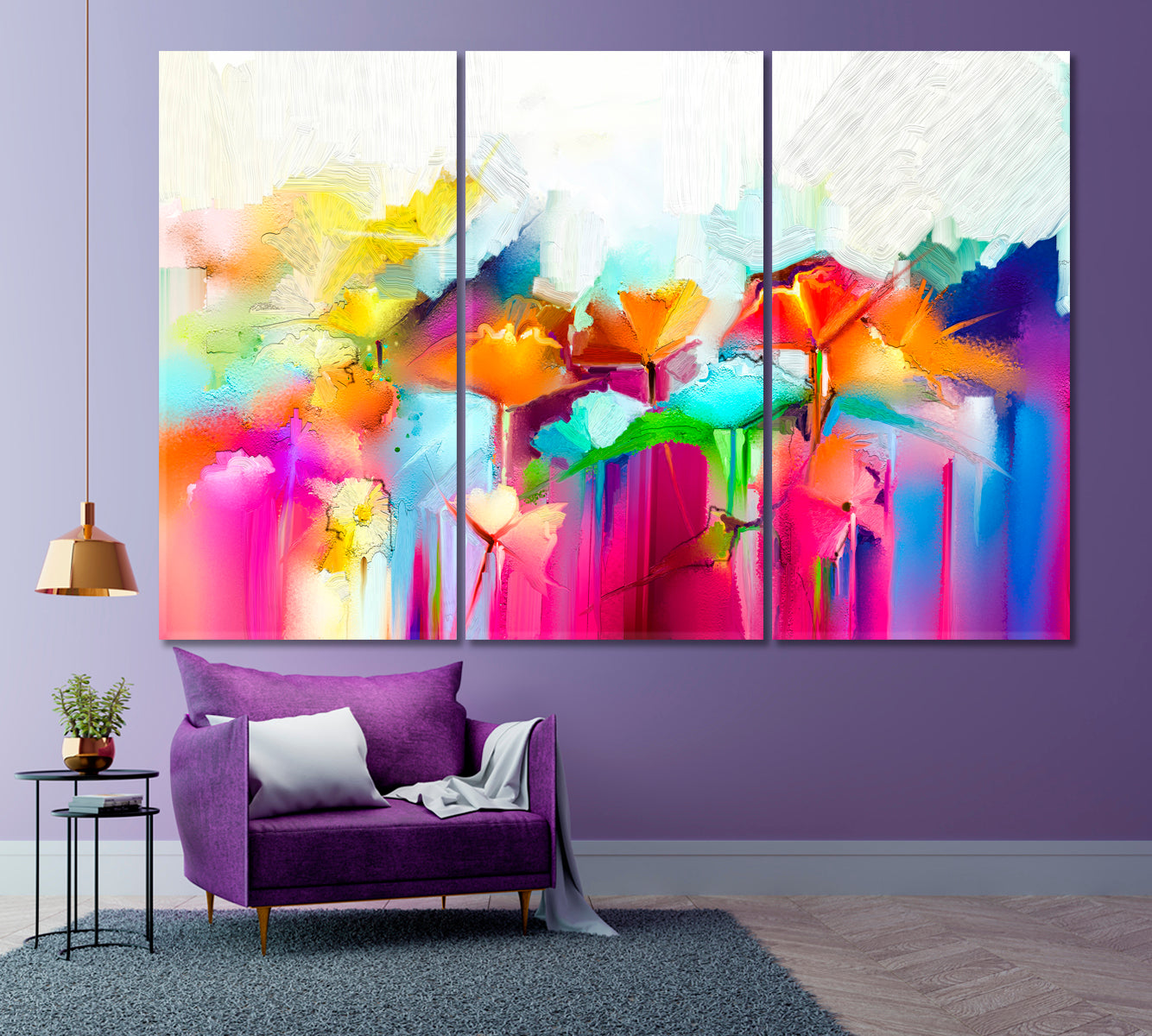 Abstract Flowers Vivid Modern Impressionist Contemporary Art Artesty 3 panels 36" x 24" 