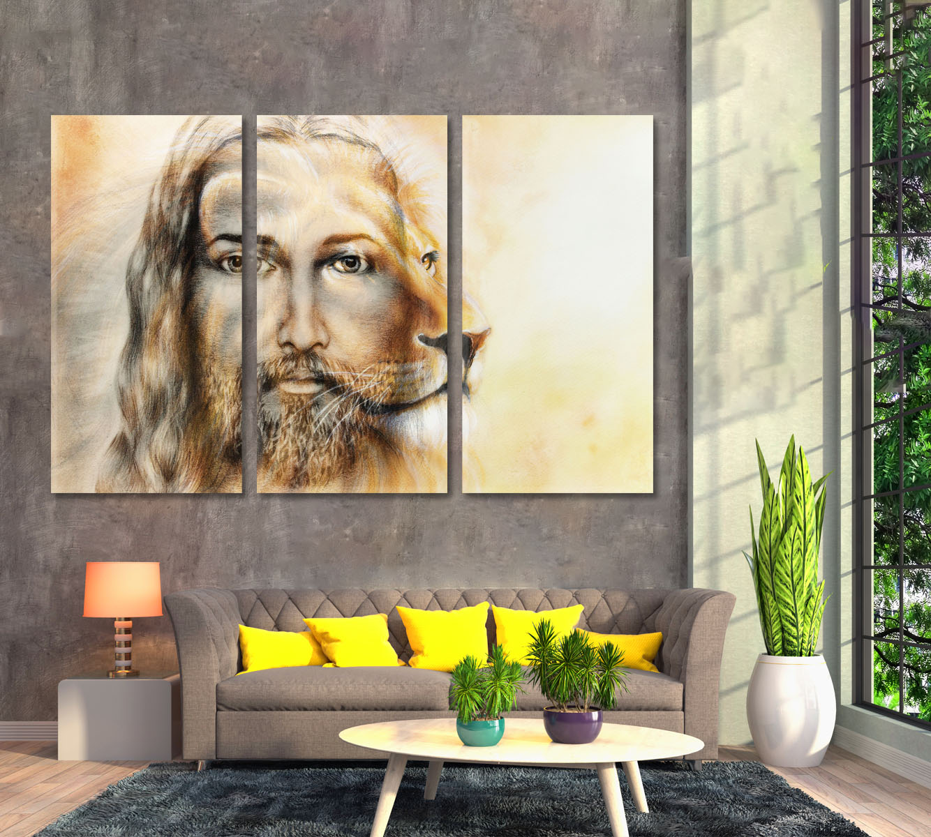 Eye Contact Jesus Christ And Lion Double Face Religious Modern Art Artesty 3 panels 36" x 24" 