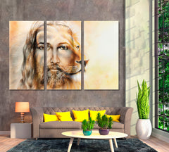 Eye Contact Jesus Christ And Lion Double Face Religious Modern Art Artesty 3 panels 36" x 24" 