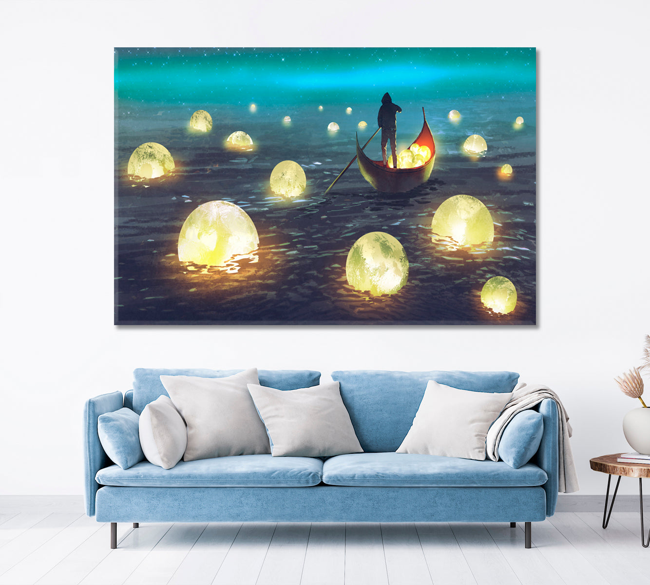 SURREAL Night Scenery Man Rowing Boat Glowing Moons Floating Sea Surreal Fantasy Large Art Print Décor Artesty   