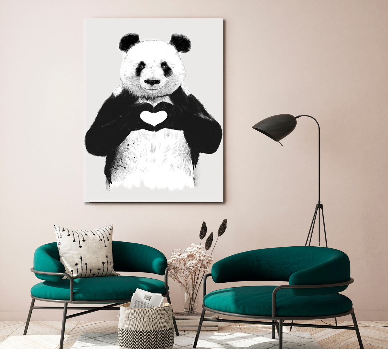 Black and White Panda With Hands Heart Office Wall Art Canvas Print Artesty   