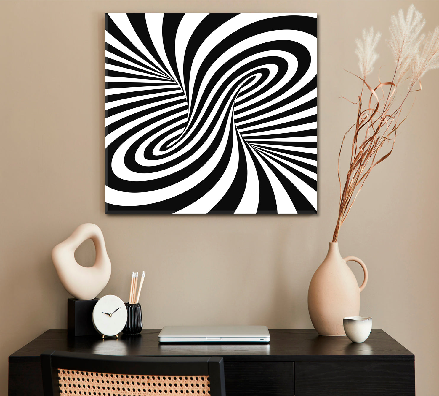 Black And White Spiral Optical Illusion Black and White Wall Art Print Artesty 1 Panel 12"x12" 