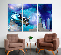 Charging Bull Sculpture and Statue of Liberty Cities Wall Art Artesty 3 panels 36" x 24" 