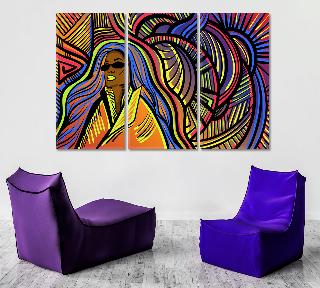 DOODLES Colorful Psychedelic Lines With Abstract Woman Surreal Fantasy Large Art Print Décor Artesty 3 panels 36" x 24" 
