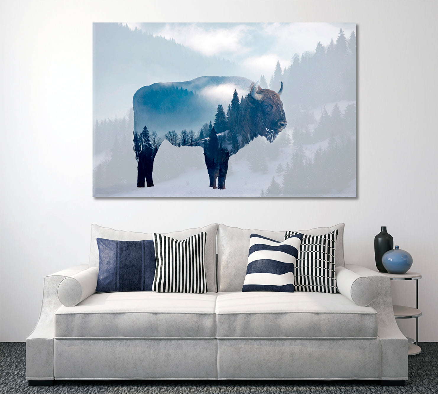 DOUBLE EXPOSURE Wild Bison Buffalo Foggy Pine Forest Wild Life Framed Art Artesty   