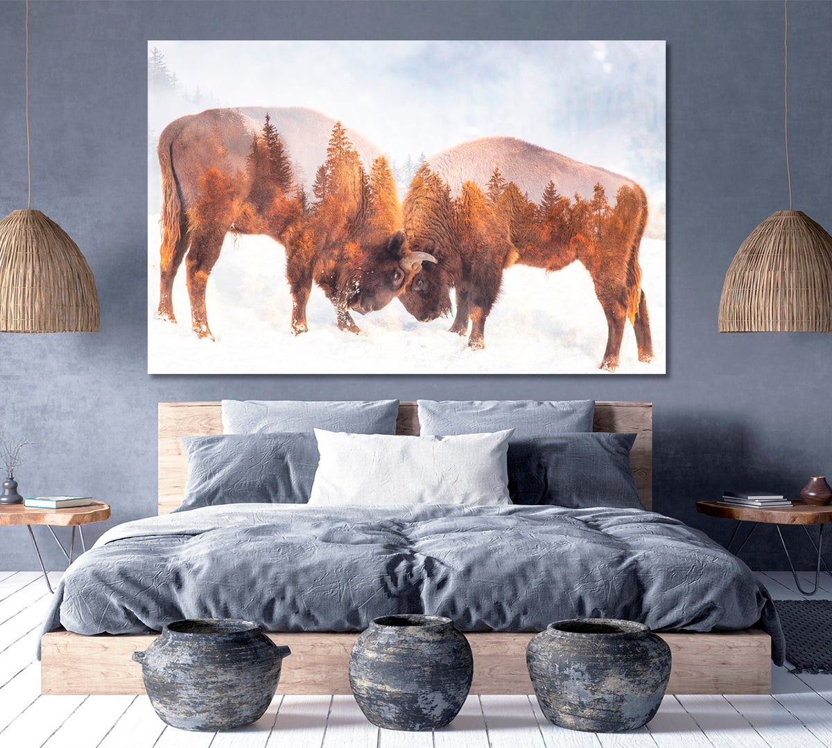 Double Exposure Two Wild Bison Fighting And Pine Trees Wild Life Framed Art Artesty 1 panel 24" x 16" 
