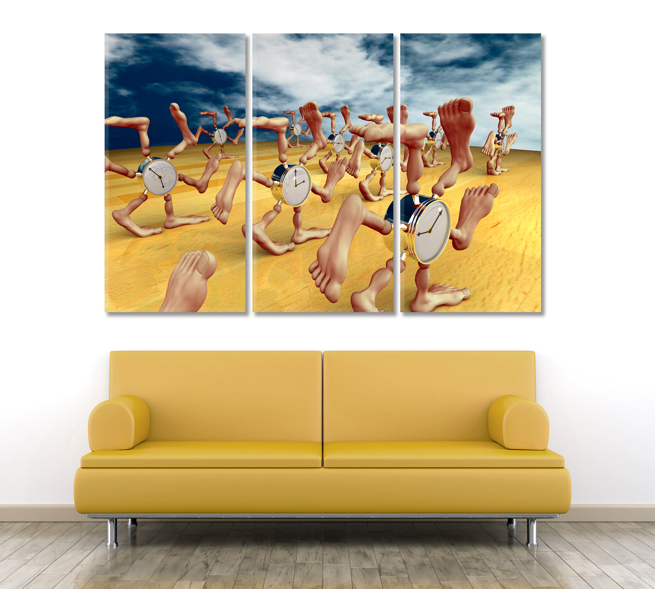THE TIME HAS COME Inspirid by Dali Running Сlocks with Lots of Legs Surreal Fantasy Large Art Print Décor Artesty 3 panels 36" x 24" 