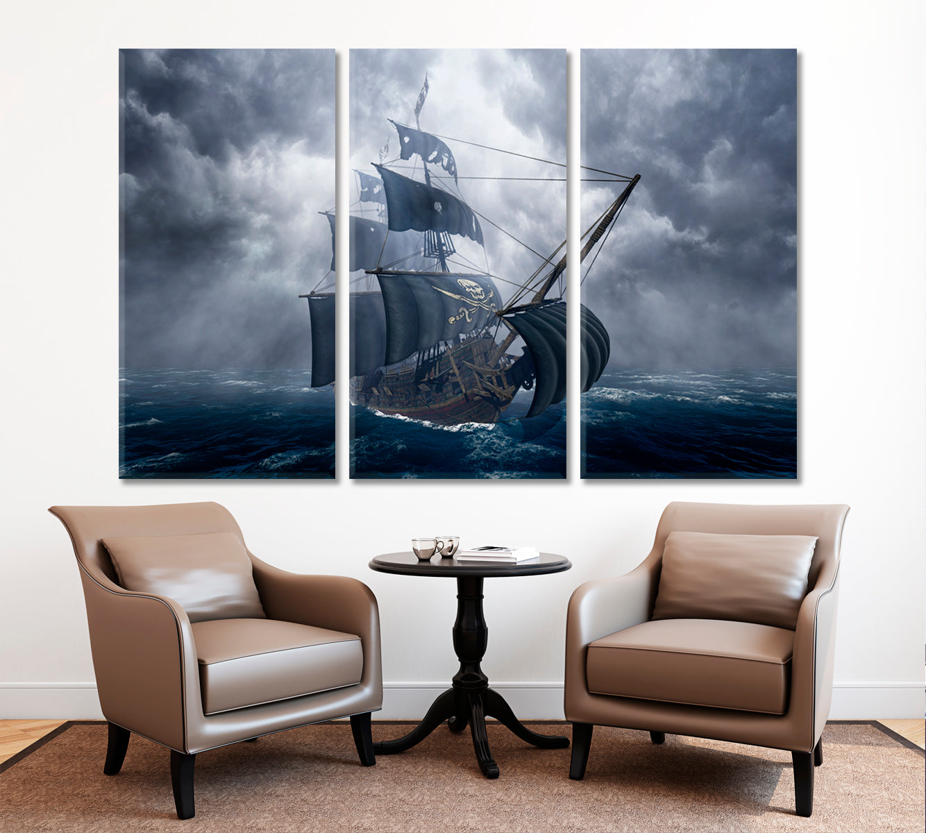 Pirate Ship on Stormy Sea Kids Room Canvas Art Print Artesty 3 panels 36" x 24" 