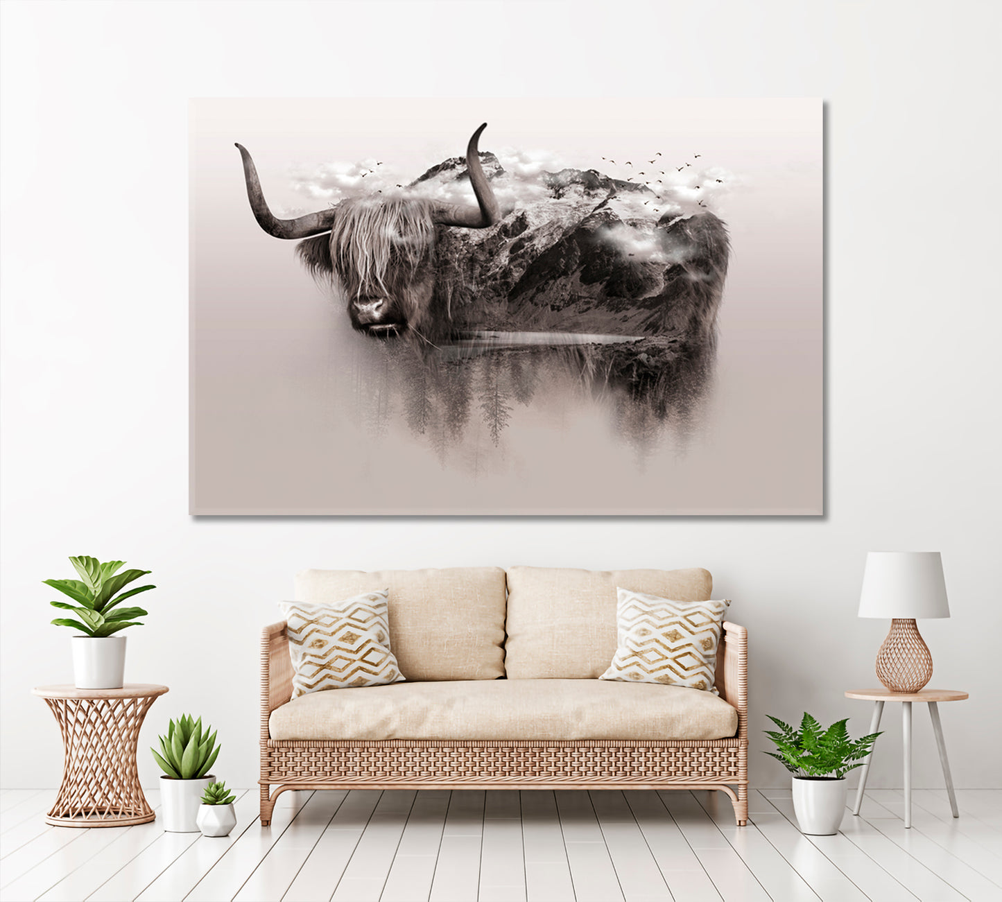 Bull Yak Wildlife Art Double Exposure Trees Mountain Surrounded By Fog Wild Life Framed Art Artesty   