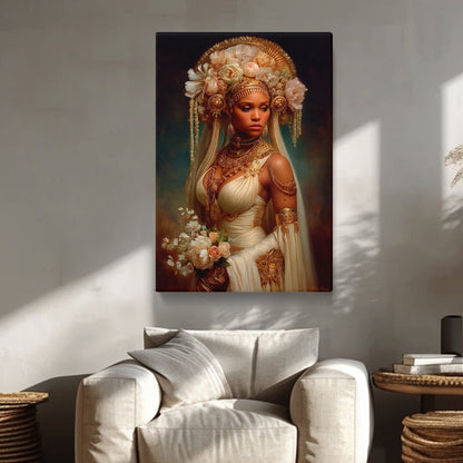 African queen in white and gold dress with flower crown
