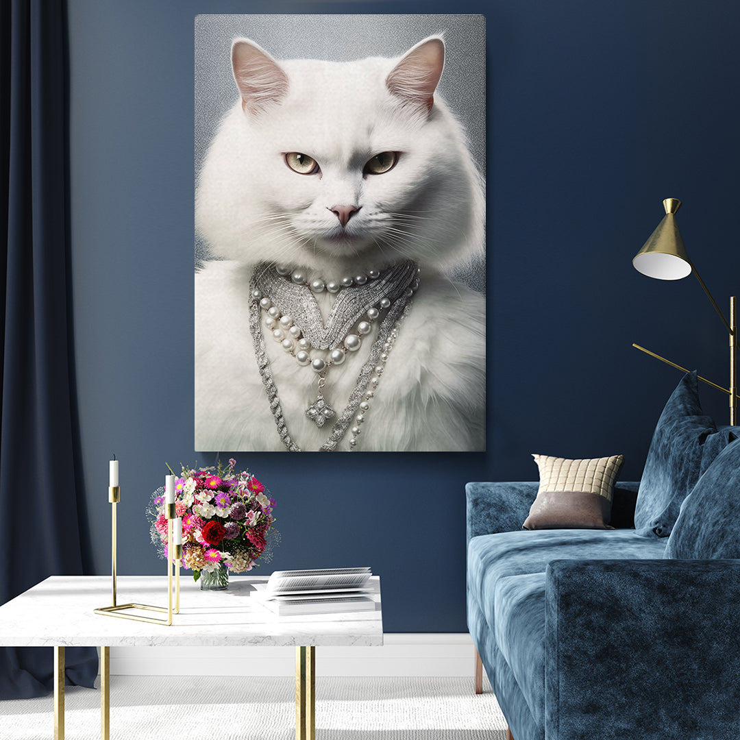 Majestic White Cat with Pearls Canvas Prints Artesty 1 Panel 35"x55" 