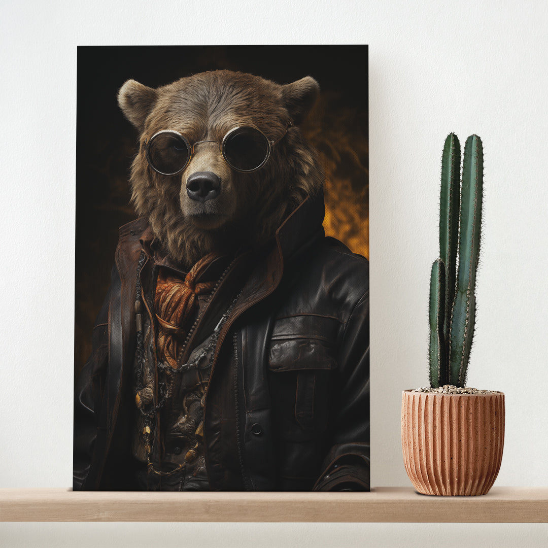 Bear in Leather Jacket and Sunglasses Canvas Prints Artesty 1 Panel 16"x24"