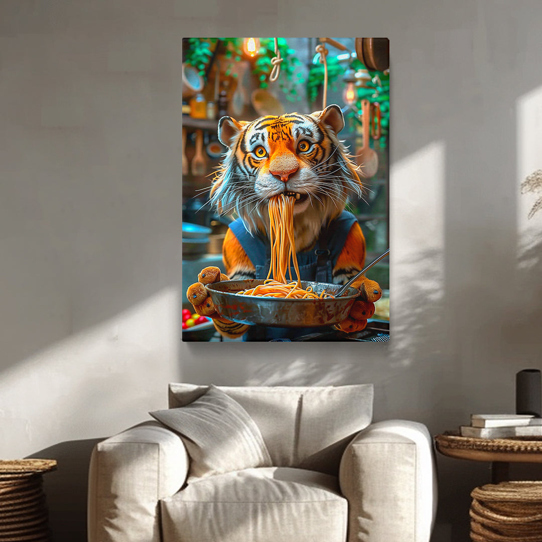 Funny Tiger Chef Eating Spaghetti Canvas Prints Artesty 1 Panel 16"x24"