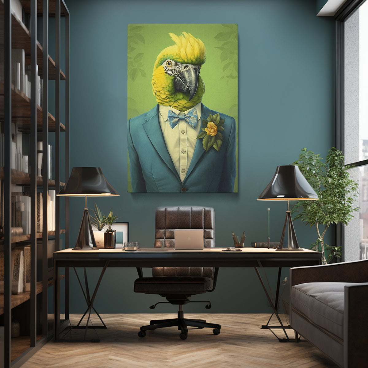 Parrot in Teal Suit and Bow Tie Canvas Prints Artesty