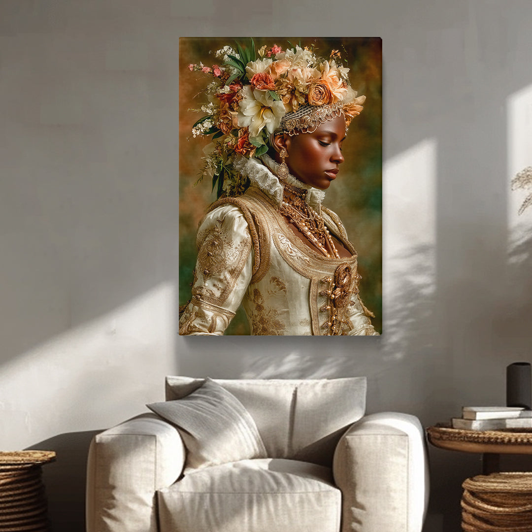Regal portrait of African royalty with ornate embroidery
