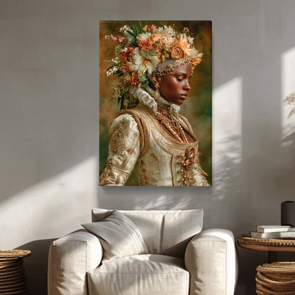 Regal portrait of African royalty with ornate embroidery