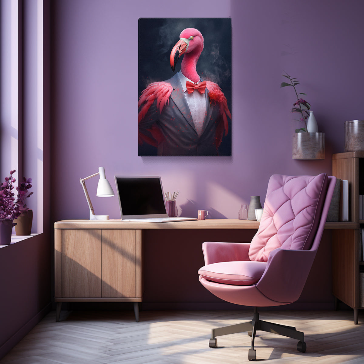 Elegant Flamingo in Gray Suit Canvas Prints Artesty