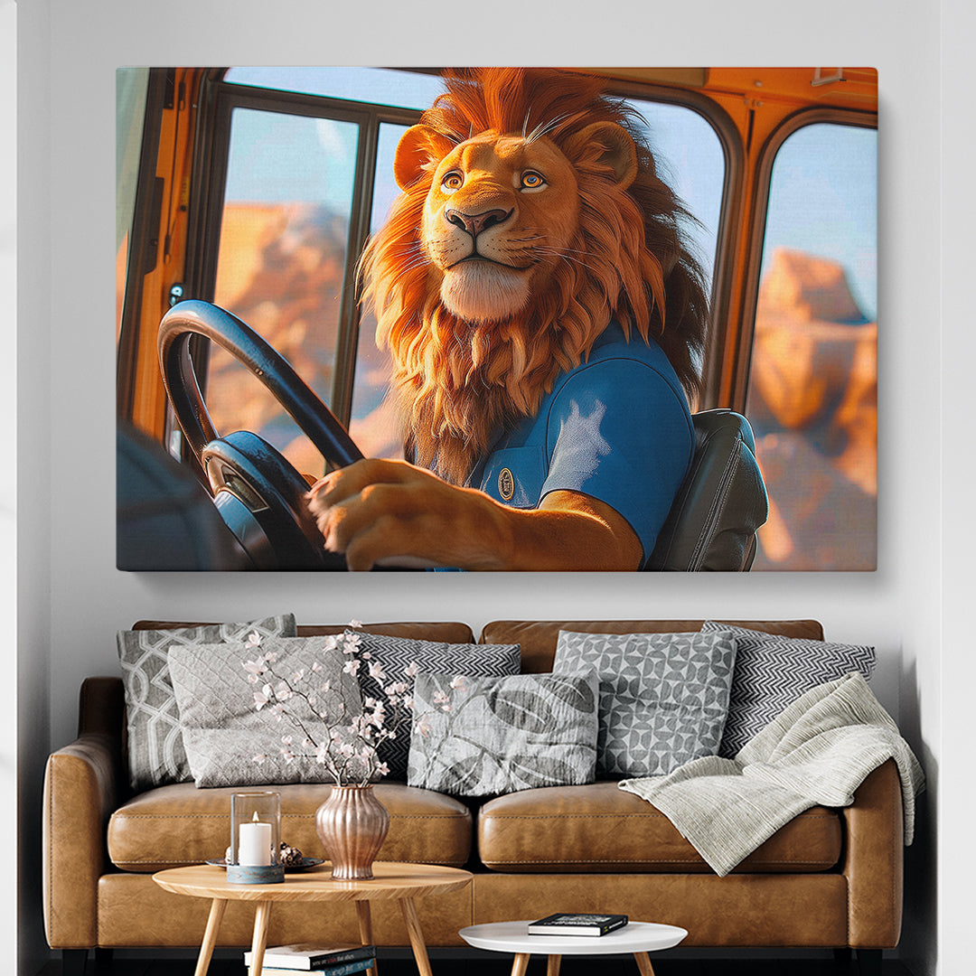 Lion School Bus Driver Animals Canvas Print Artesty 1 panel 24" x 16"