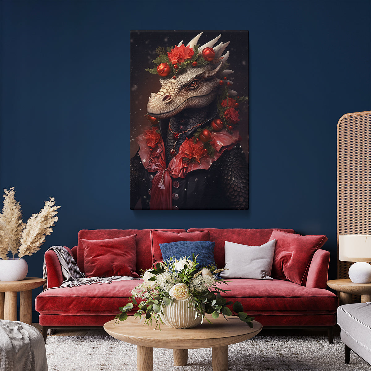 Festive Dragon Portrait, Holiday Fantasy Decor, Mythical Beast Ideal Gift for Fantasy Lovers Abstract Art Print Artesty 1 Panel 24"x36" 