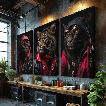 Leopard in Red Scarf and Leather Jacket Canvas Prints Artesty