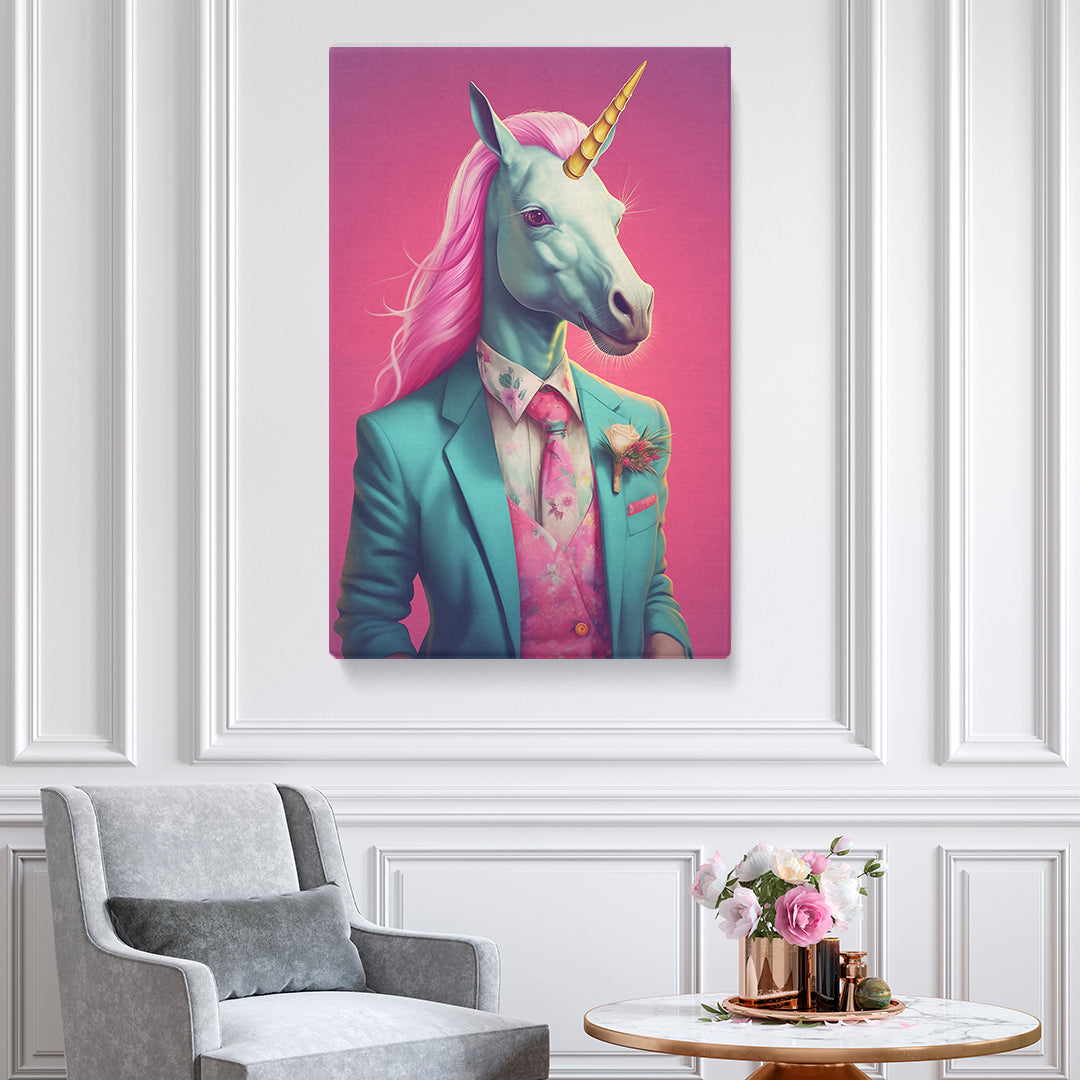 Unicorn in Teal Suit and Pink Tie Canvas Prints Artesty
