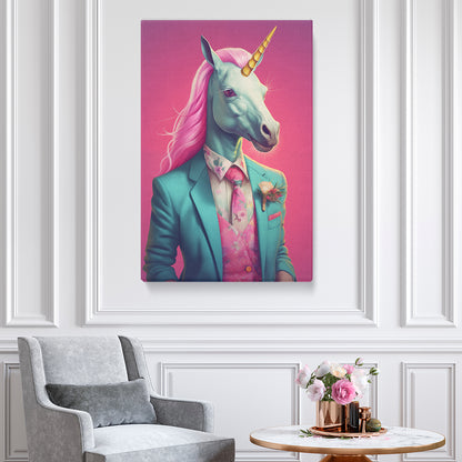 Unicorn in Teal Suit and Pink Tie Canvas Prints Artesty
