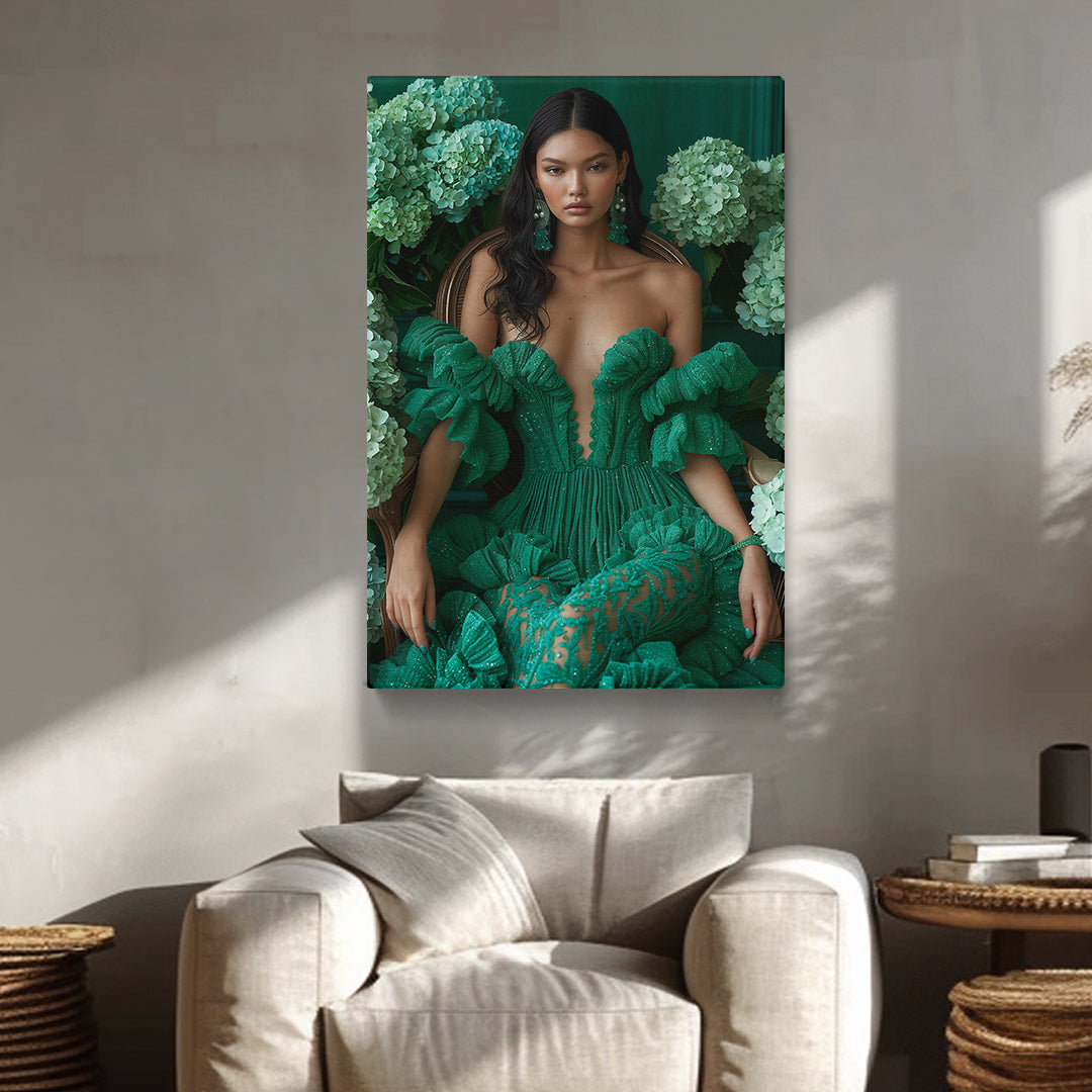 Floral Portrait Beautiful Woman in Green Dress Canvas Prints Artesty 1 Panel 16"x24"