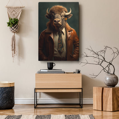 Cool Bull in Brown Leather Jacket Canvas Prints Artesty
