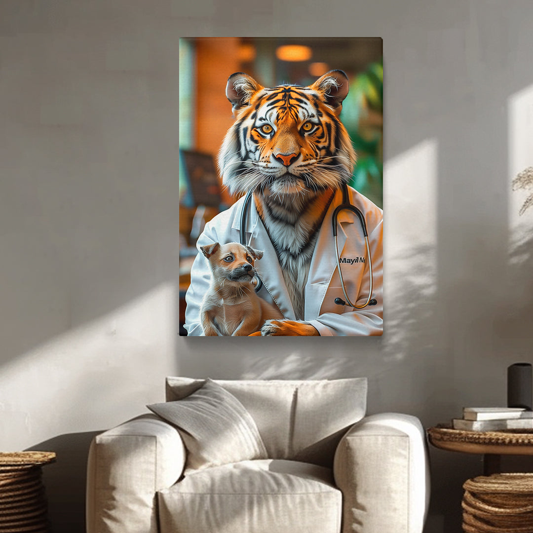 Tiger Veterinarian with Puppy Canvas Prints Artesty