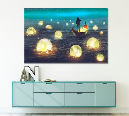 SURREAL Night Scenery Man Rowing Boat Glowing Moons Floating Sea Surreal Fantasy Large Art Print Décor Artesty   