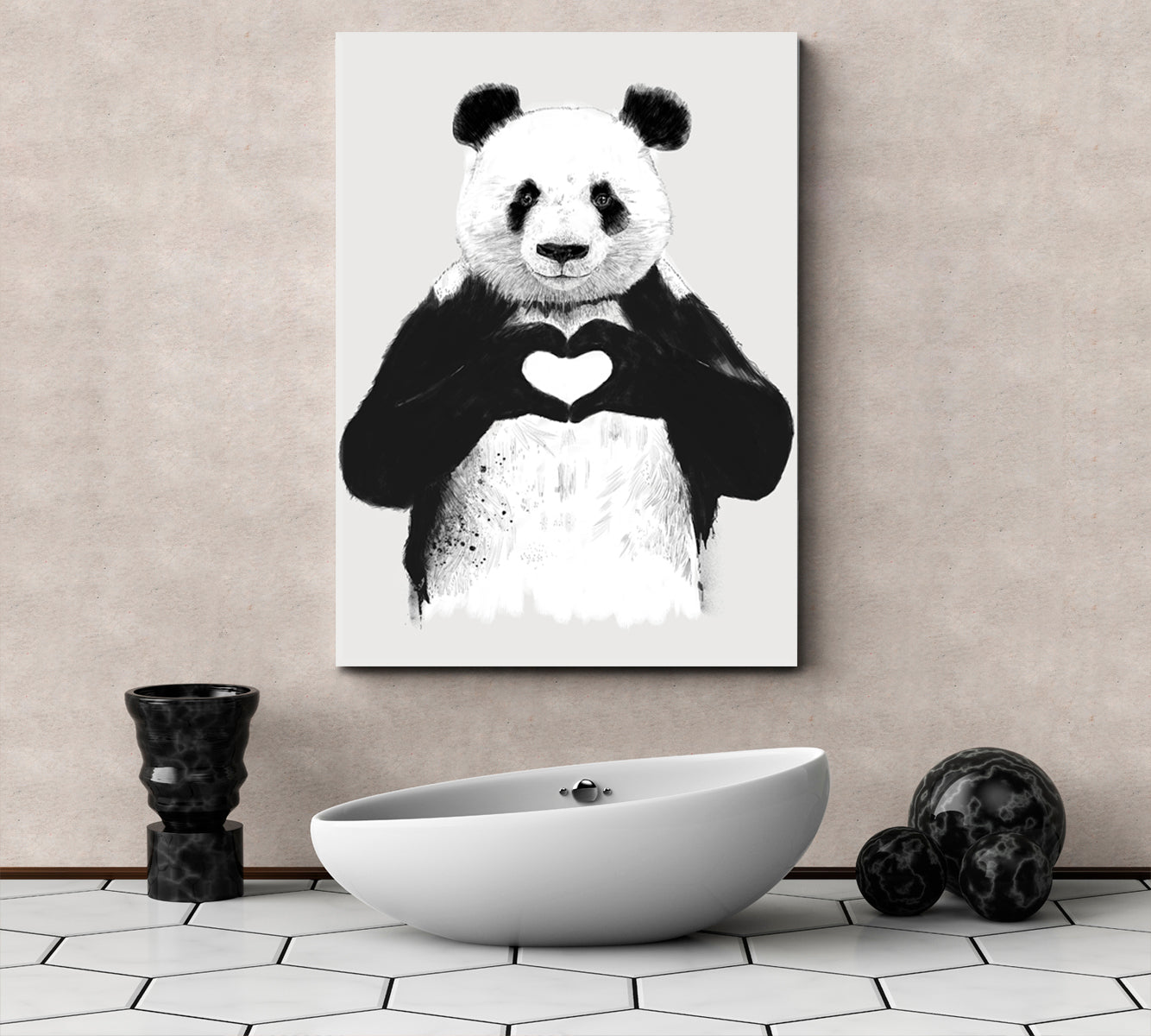 Black and White Panda With Hands Heart Office Wall Art Canvas Print Artesty   