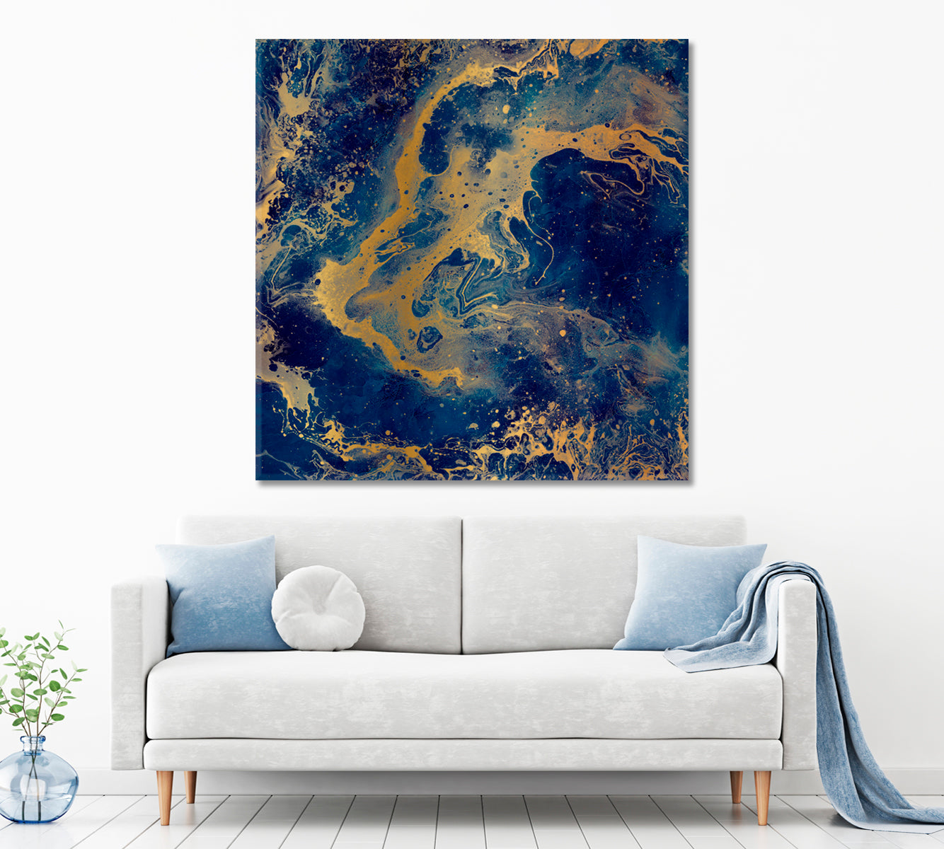 Abstract Marble Blue Yellow Color Stains Fluid Art, Oriental Marbling Canvas Print Artesty   