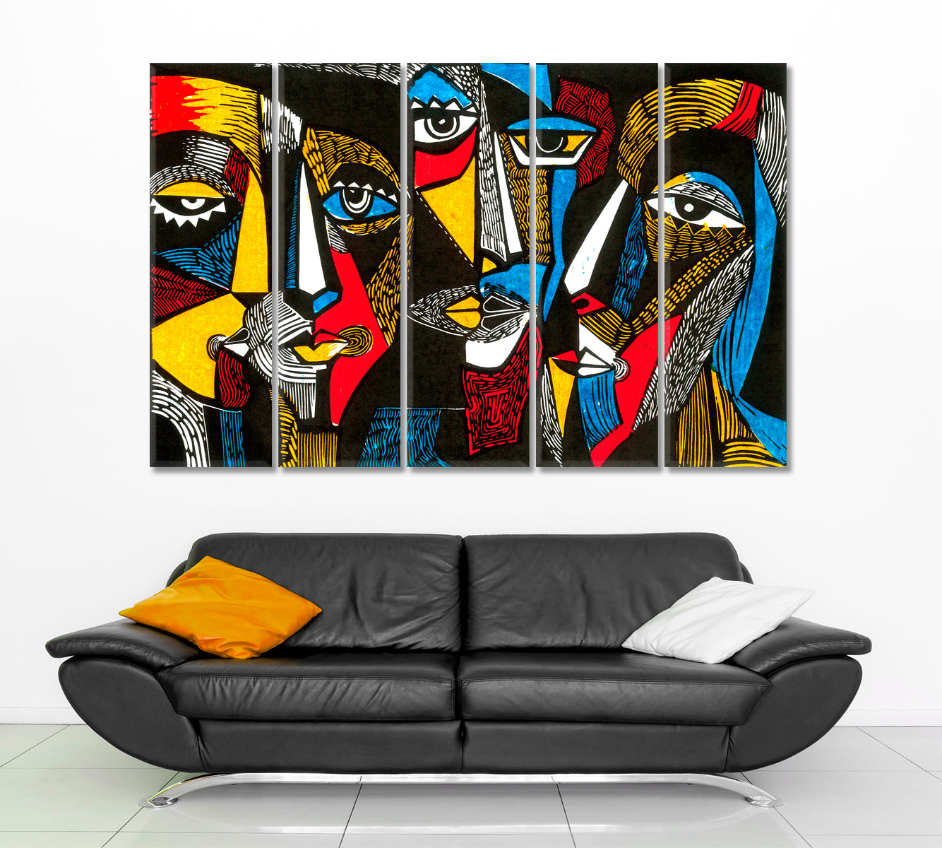 Abstract Surreal-colored Faces Yellow Red White Blue Black Abstract Art Print Artesty 5 panels 36" x 24" 