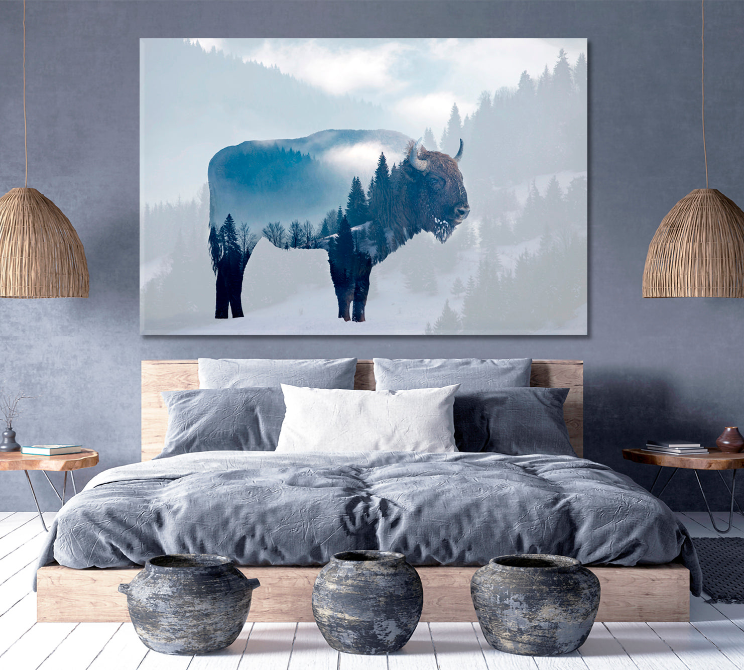 DOUBLE EXPOSURE Wild Bison Buffalo Foggy Pine Forest Wild Life Framed Art Artesty   