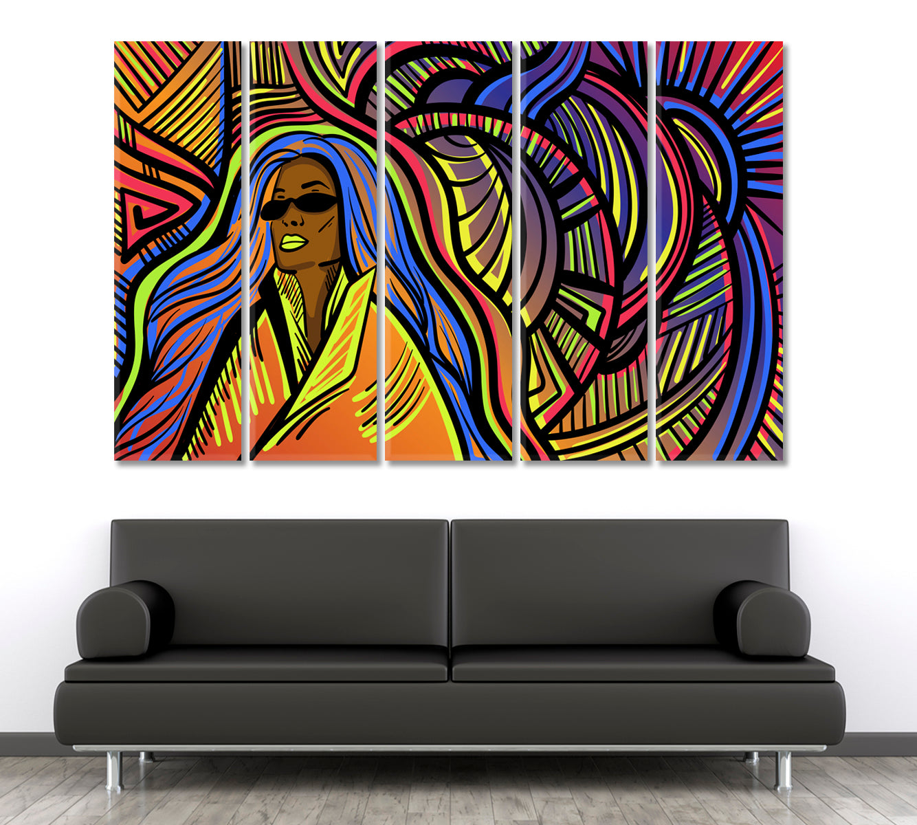 DOODLES Colorful Psychedelic Lines With Abstract Woman Surreal Fantasy Large Art Print Décor Artesty 5 panels 36" x 24" 